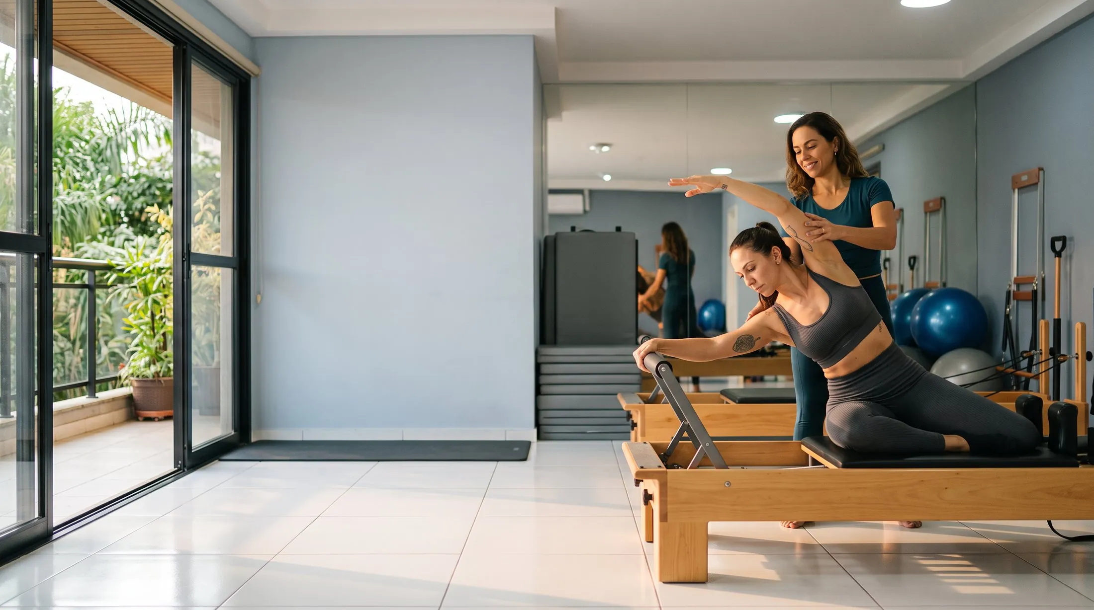 Instrutora orientando aluna no reformer do studio Voll Pilates Indaiatuba